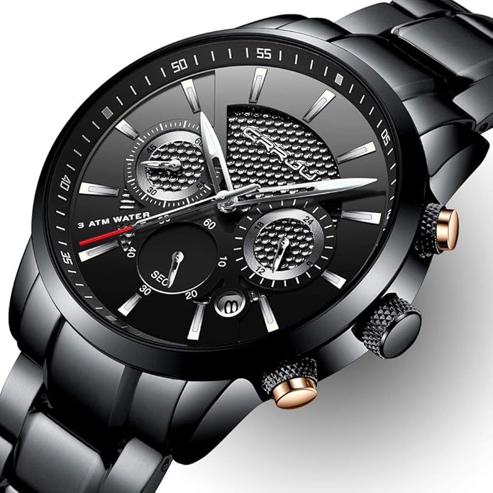 CRRJU Men's Business Casual Chronograph Quartz Waterproof Wristwatch Black Leather Strap