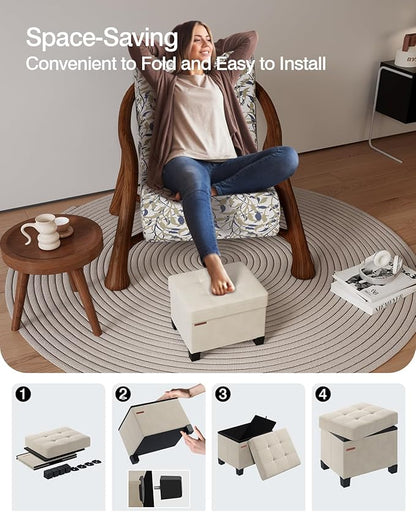 Cube Storage Ottoman, Velvet Foot Stool with Feet, Folding Storage Bench, End of Bed Bench, Storage Chest, for Living Room, Bedroom, 12.6 x 15.8 x 13.2 Inches, Cream White, ASND21W