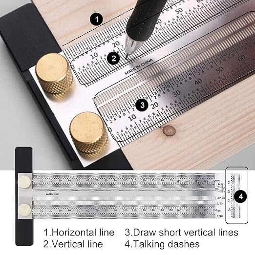 Precision Marking T-Rule Stainless Steel T Square with Mechanical Pencil & 0.5mm Refill Scribing Line Ruler for Marking or Measuring, for Carpenters, Designers, Architects, Engineers 200mm