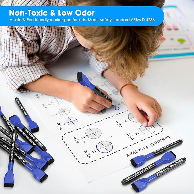 maxtek Dry Erase Markers - 6 Count Blue Magnetic Dry Erase Markers Fine Tip with Eraser, Low Odor Whiteboard Markers for Calendar Boards