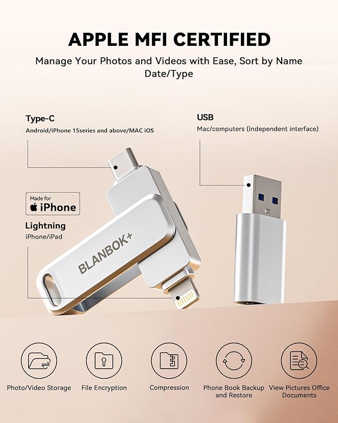 MFi Certified 512GB iPhone Photo Stick, USB Flash Drive for Photo/Video Backup, High-Speed Thumb Drive Compatible for iPhone/iPad/Android/PC (Silver)