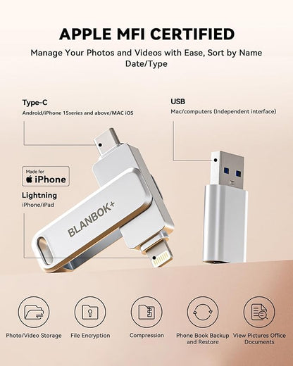 MFi Certified 256GB iPhone Photo Stick, USB Flash Drive for Photo/Video Backup, High-Speed Thumb Drive Compatible for iPhone/iPad/Android/PC (Silver)