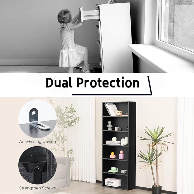 6 Tier Book Shelf, Tall Display Bookcase Modern Wood Bookshelf, 6 Shelf Bookcase Storage Organizer for Garage Kits/CDs/Books/Movies, Black Bookshelf for Home Office Living Room