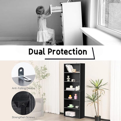 6 Tier Book Shelf, Tall Display Bookcase Modern Wood Bookshelf, 6 Shelf Bookcase Storage Organizer for Garage Kits/CDs/Books/Movies, Black Bookshelf for Home Office Living Room