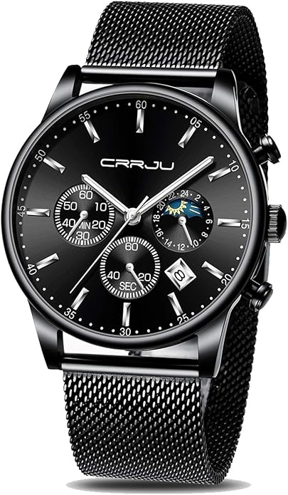 CRRJU Men's Fashion Casual Watches Auto Date Chronograph Watch Men Nice Work Watches Waterproof 30M Full Steel Quartz with Mesh Strap