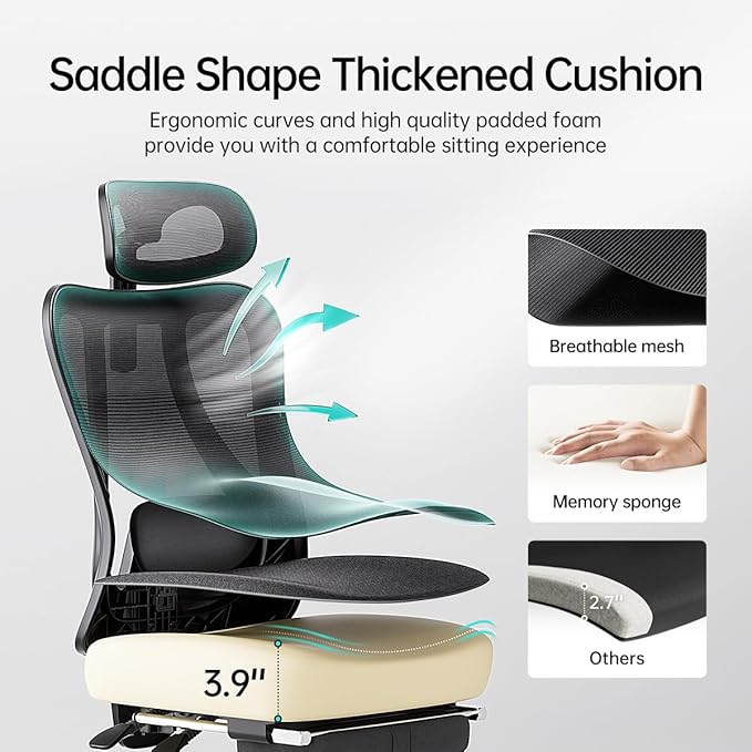 Hbada P3 Ergonnomic Office Chair with 2D Adjustable Lumbar Support, Office Chair with Adjustable Headrest and Armrest, 145° Stepless Tilt Function, Black(with Footrest)