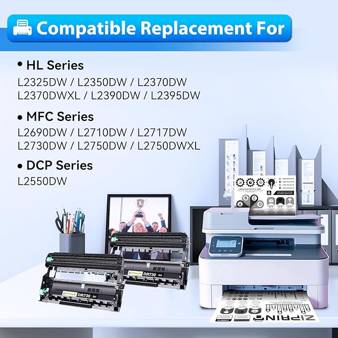 ZIPRINT 2-Pack Dr730 Drum Unit Replacement for Brother DR-730 DR 730 for MFC-L2710DW MFC-L2750DW MFC-L2730DW MFC-L2750DWXL DCP-L2550DW HL-L2370DW HL-L2350DW HL-L2395DW Printer, 12000 Pages Yield