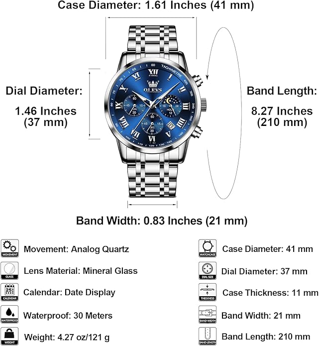 OLEVS Mens Stainless Steel Chronograph Watch, Big Face Roman Numerals Date Analog Quartz Dress Watches for Men, Fashion Multifunctional Waterproof Luminous Hands Men's Wristwatch
