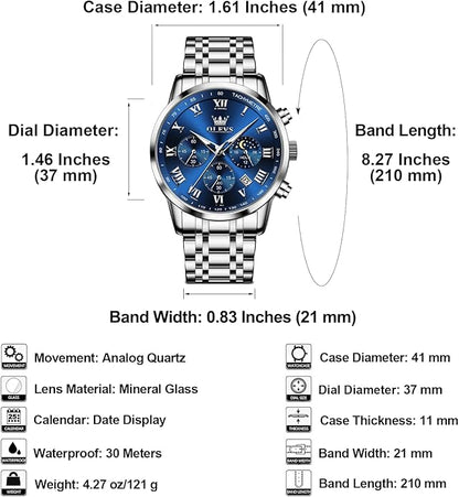 OLEVS Mens Stainless Steel Chronograph Watch, Big Face Roman Numerals Date Analog Quartz Dress Watches for Men, Fashion Multifunctional Waterproof Luminous Hands Men's Wristwatch