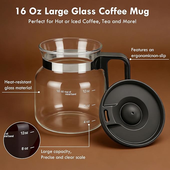 Mini Coffee Pot Mug with Lid,16Oz Glass Coffee Pot Coffee Mugs,Spill-Proof & Heatproof Coffee Pot Cup Gifts for Coffee Lovers (1Pcs)