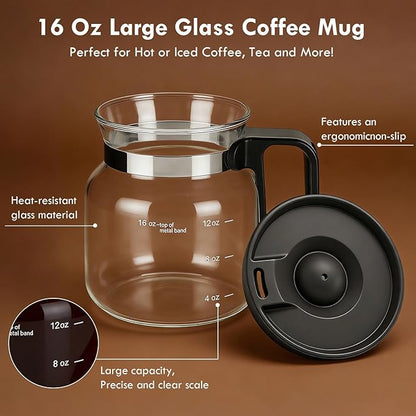 Mini Coffee Pot Mug with Lid,16Oz Glass Coffee Pot Coffee Mugs,Spill-Proof & Heatproof Coffee Pot Cup Gifts for Coffee Lovers (1Pcs)
