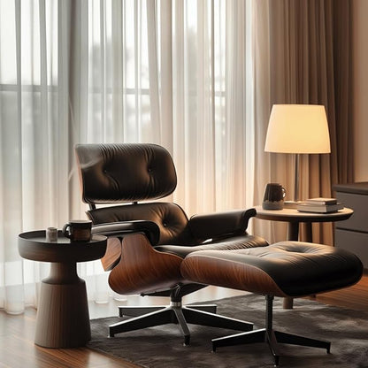 Mid Century Chaise Lounge Chair with Ottoman, Top Black Grain Leather, Modern Office Chair Classic Design, Heavy Duty Base Support for Living Room Study Lounge Office