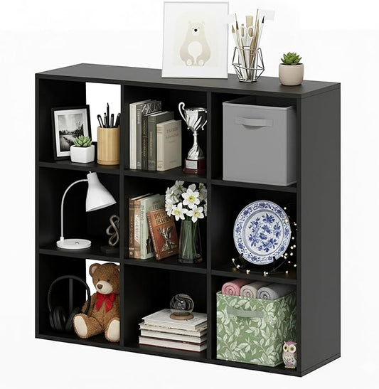 9-Cube Storage Organizer, Black Bookshelf with Open Compartments for Home Office, Modern Bookcase Display Shelf for Living Room, Bedroom & Entryway