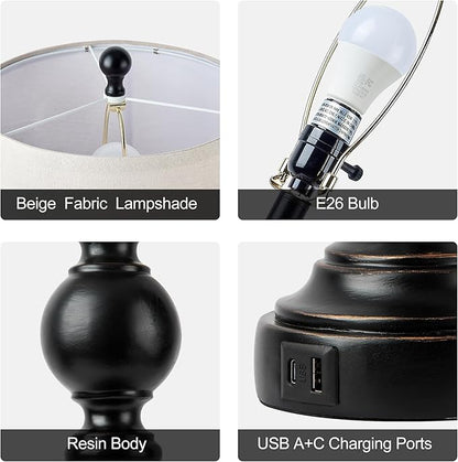 Farmhouse Lamp for Bedroom Set of 2, Table Lamp for Nightstand with Dual USB Charging Ports, 28" Table Lamps for Living Room, Bulb Not Included