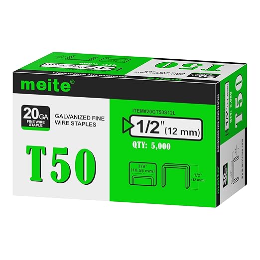 meite T50 Staples, 1/2 Inch Heavy Duty Staples for Staple Gun, Galvanized 20 Gauge 3/8 Inch Crown Staple for Upholstery, Construction, Furniture (1 Case)
