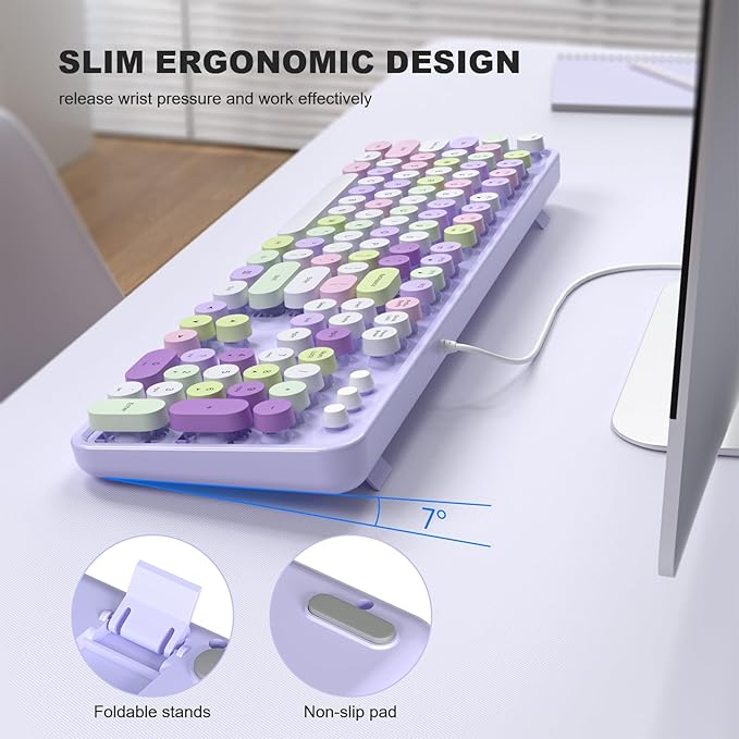 Colorful Computer Keyboards Wired, USB Plug and Play Full Size Typewriter Keyboard, Cute Aesthetic Keyboard with Foldable Stands for Windows PC Laptop (Purple)