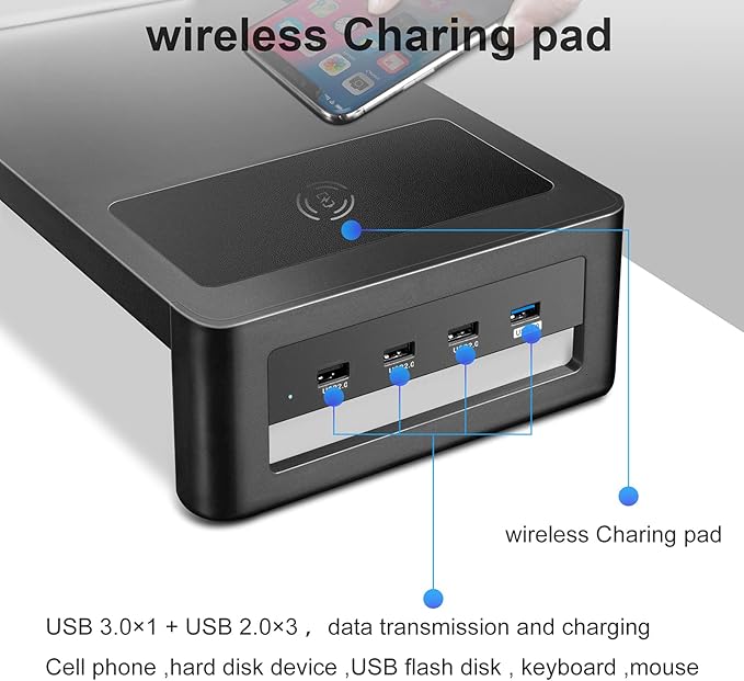 Dual Monitor Stand with Wireless Charging and 4 USB 3.0 Ports, Steel Monitor Stands for 2 Monitors, Metal Computer Stand Riser for Desk, Office, Laptop, PC up to 32 Inches (Black)