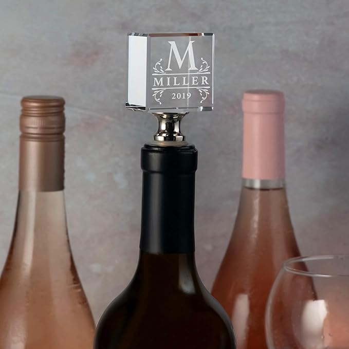 Personalized Crystal Wine Stopper - Custom Engraved Initial, Name & Date - 3D Glass Bottle Stopper with 6 Design Options - Square, Included Gift Box
