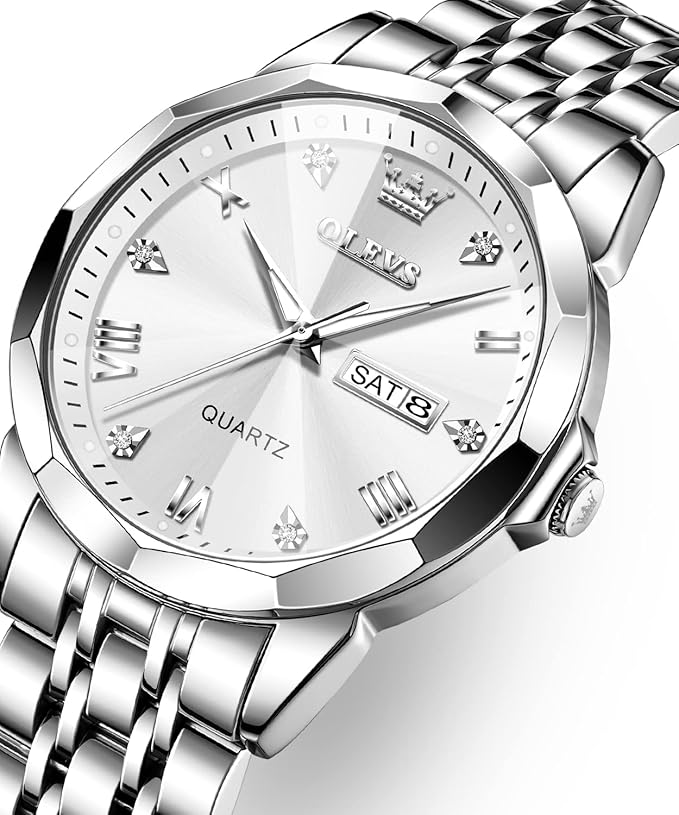 OLEVS Watches for Men Diamond Business Dress Analog Quartz Stainless Steel Date Luxury Casual Fashion Wrist Watch Waterproof Luminous