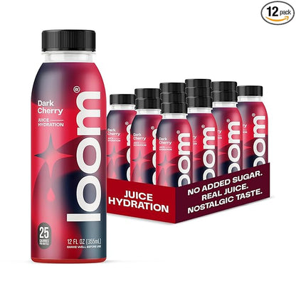 Dark Cherry Juice Drinks by Loom, Low Sugar Juice, Real Fruit, No Added Sugar, 30 Calories, Vegan, Gluten Free, 12 oz bottles, 12 pack