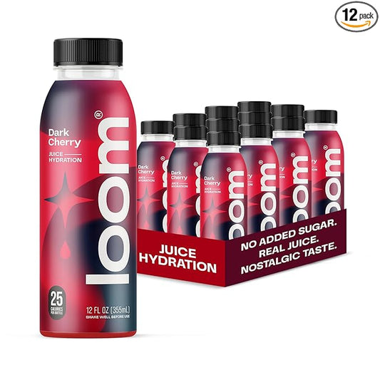 Dark Cherry Juice Drinks by Loom, Low Sugar Juice, Real Fruit, No Added Sugar, 30 Calories, Vegan, Gluten Free, 12 oz bottles, 12 pack