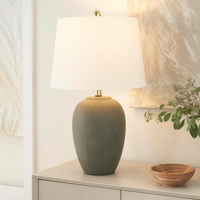 Nourison Home 23" Olive Green Ceramic Pot Table Lamp for Bedroom, Living Room, Dining Office, with White Tapered Drum Shade