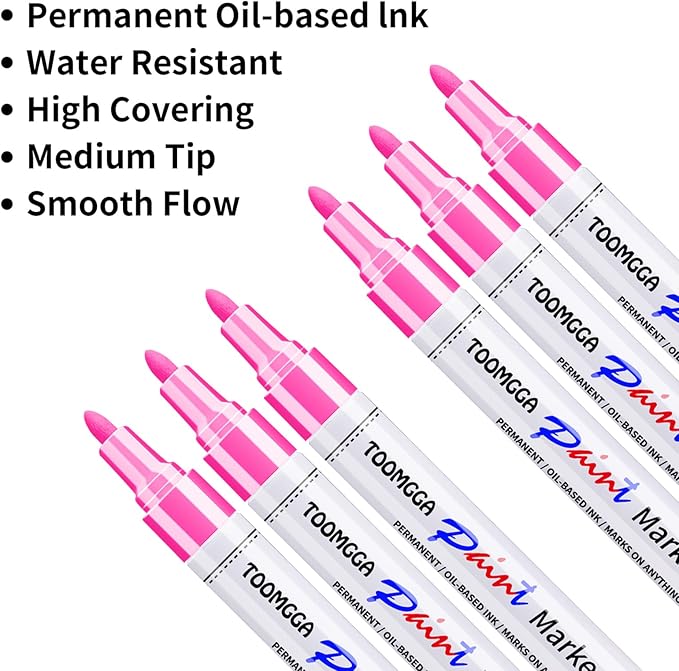 Pink Permanent Paint Pens - 6 Pack Oil Based Paint Markers, Pens For Rock Painting Car Tyre Metal, Plastic, Canvas, Mugs, Wood, Glass, Quick Drying and Waterproof, Medium Point
