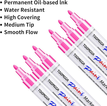 Pink Permanent Paint Pens - 6 Pack Oil Based Paint Markers, Pens For Rock Painting Car Tyre Metal, Plastic, Canvas, Mugs, Wood, Glass, Quick Drying and Waterproof, Medium Point
