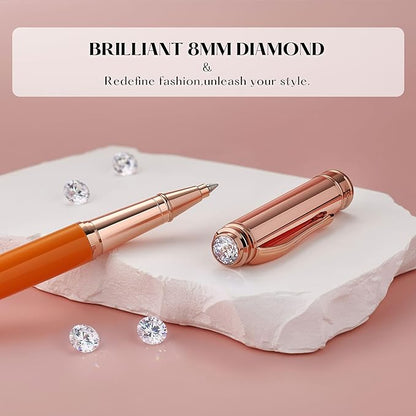 Luxury Rollerball Pen, Top Set With 8mm Brilliant Diamond,Bright Orange Lacquer,Rose Real Gold Finish, Schmidt Black Refill,Elegant Gift Pen For Women, Unique, Office,Nice Designer Pens