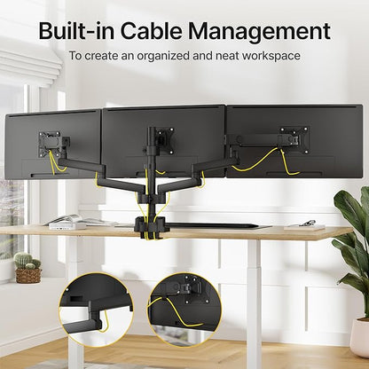 monTEK Triple Monitor Mount for Max 27 inch Computer Screens, 3 Monitor Desk Mount Each Arms Holds up to 19.8lbs, Three Monitors Desk Arm with Swivel, Tilt, Rotation, MA1009PBK-T