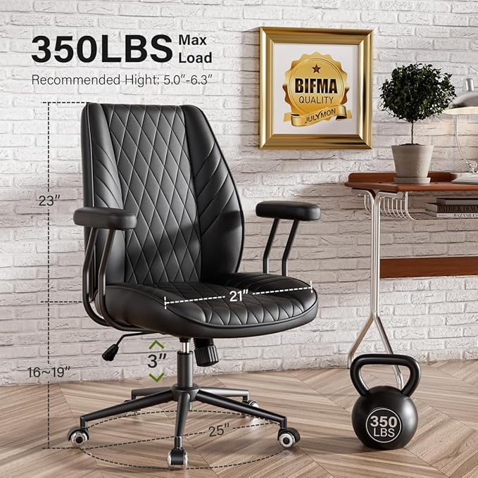 Black Leather Office Desk Chair with Wheels, Quiet Casters, Height Adjustable, Padded Arms, Vintage Mid Century Office Chair, Retro Style Desk Chair