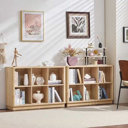 6 Cube Storage Book Shelf, 40" Wide Low Horizontal Bookcase with Curved Edge, Floor Standing 2-Tier Wooden Bookshelf with Base, Modern Short Book Case for Bedroom, Study, Entryway, Natural Oak