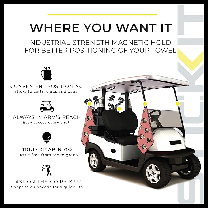 STICKIT Magnetic Golf Towel with Pink Skulls | Top-Tier Microfiber Golf Towel with Deep Waffle Pockets | Industrial Strength Magnet for Strong Hold to Golf Carts or Clubs