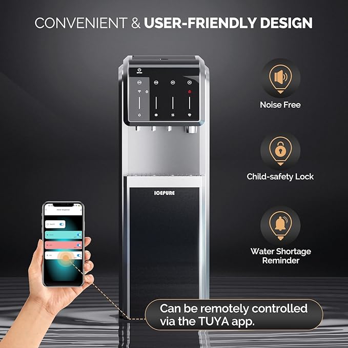 ICEPURE 6-in-1 Bottleless Water Cooler with Ice Maker with 3-Stage Reverse Osmosis Filters, WiFi, Bullet and Crushed Ice, 35lbs/24H, Hot and Cold Water, Child Lock, Stainless Steel