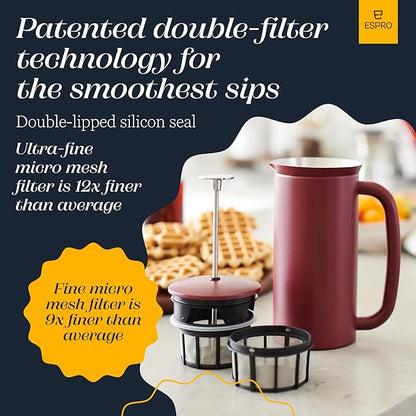 ESPRO P7 French Press Coffee Maker - Double-Walled Stainless Steel Insulated with Micro-Filter, 32 Ounces, Cranberry