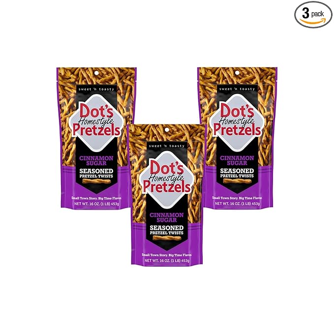 Dot's Pretzels Cinnamon Sugar Seasoned Pretzel Twist Snack, 16oz Grocery Sized Bag (Pack of 3)