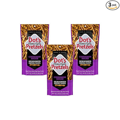 Dot's Pretzels Cinnamon Sugar Seasoned Pretzel Twist Snack, 16oz Grocery Sized Bag (Pack of 3)