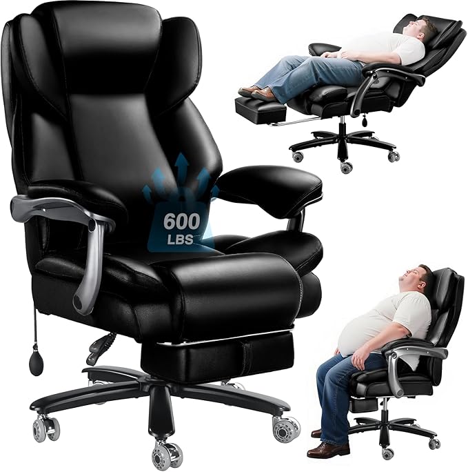 600lbs Big and Tall Office Chair for Heavy People,Heavy Duty Comfy Executive Office Desk Chair with Adjustable Lumbar Support,High Back Reclining PU Leather Computer Chair,Metal Base (Classic, Black)