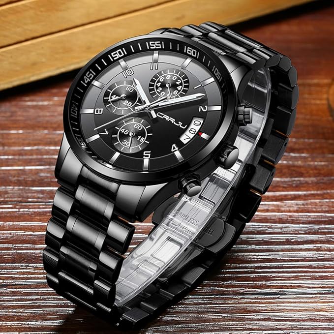 CRRJU Men's Fashion Stainless Steel Watches Date Waterproof Chronograph Wristwatches,Black Steel Band Waterproof Quartz Watch for Men