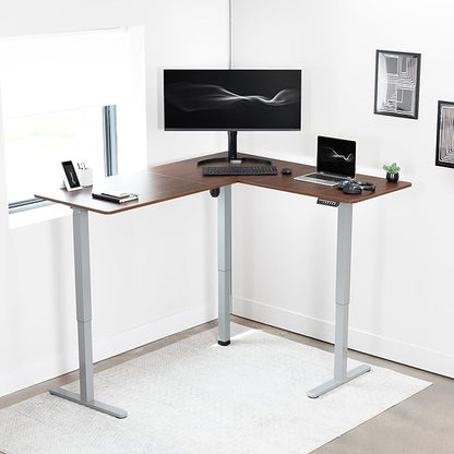 VIVO Electric Corner 63 x 55 inch L-Shaped Standing Desk, Memory Height Adjustment, Dark Walnut Top Gray Frame, DESK-E3CTGD
