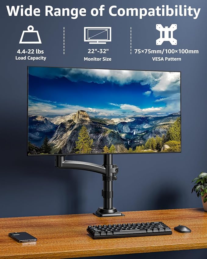 Single Monitor Arm Holds 4.4-22lbs, Monitor Stand for Desk, Height Adjustable Monitors Mount for 32 27 24 22inch, Full-Motion Monitors Desk Mount with C-Clamp＆Grommet Base, Freelift Black