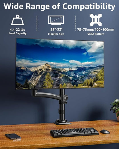 Single Monitor Arm Holds 4.4-22lbs, Monitor Stand for Desk, Height Adjustable Monitors Mount for 32 27 24 22inch, Full-Motion Monitors Desk Mount with C-Clamp＆Grommet Base, Freelift Black