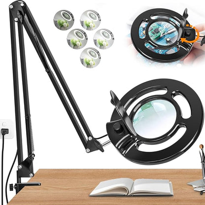 10X Long Magnifying Glass with Light, 2200 Lumen & 24W Stepless Dimming LED Magnifying Lamp with Clamp, Adjustable Swing Arm Lighted Magnifier Light, Hands Free Craft Lamp for Hobby Repair Reading