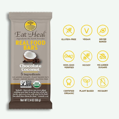 EatToHeal Chocolate Coconut Real Food Bar - Organic Vegan Healthy Gluten Free Protein Bars - Low Sugar Meal Replacement Bar, Non GMO, Never Baked, Plant Based - Crafted to Enjoy, Not Sit on Shelves