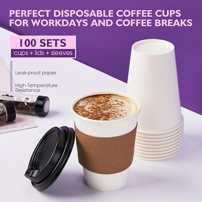 12 oz 100 Pack Disposable Coffee Cups with Lids and Sleeves, Coffee Paper Cups with Lids, To Go Beverage Drinking Cup for Coffee, Tea