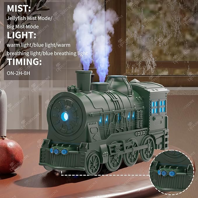 Diffuserlove Essential Oil Diffuser 300ML Train Cool Mist Humidifier Quiet Aromatherapy Diffuser with Night Light for Bedroom Desk