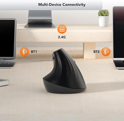 Wireless Ergonomic Mouse, Vertical Mouse, Bluetooth Ergo Mouse, Quiet Click, 5 Level Adjustable DPI(800/1200/2400/2400/4000), Rechargeable 2.4G Mice with 6 Buttons for Computer, PC, Mac, Laptop, Black