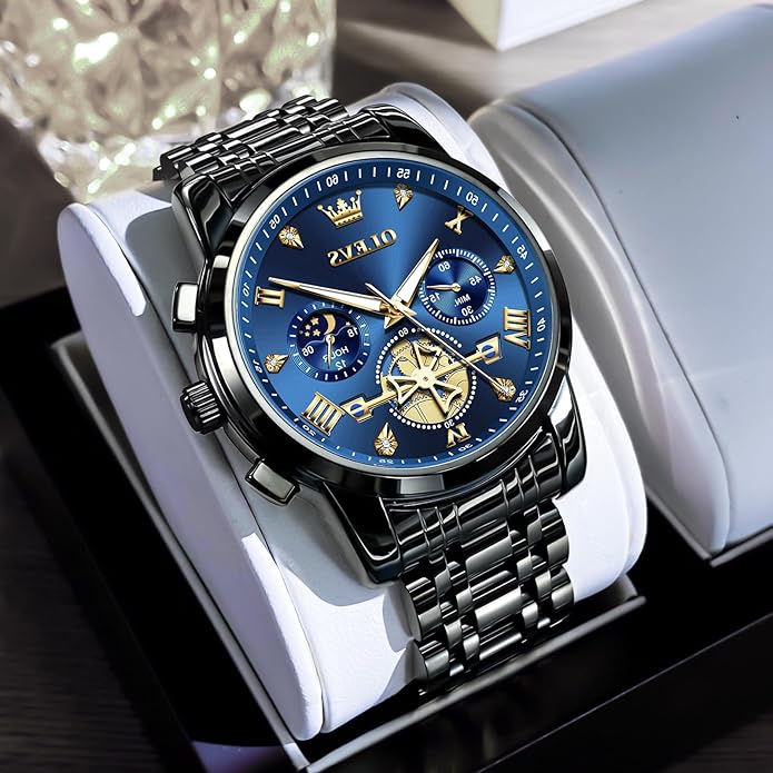 OLEVS Men Watches Stainless Steel Chronograph Watch, Large Wrist Analog Quartz Watch, Fashion Waterproof Diamond Roman Numerals Dress Watches for Men, Gold/Black/White/Blue/Grey Dial