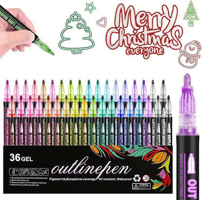 Marker Pen for Highlight, Outline Shimmer Markers Double Line Self-Outline Metallic Glitter Pens Super Squiggles Glitter Marker Set for Card Scrapbook Craft Arts Supplies, Gifts for Kids Teen Girl(36)