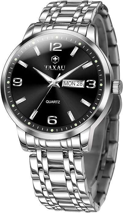Stainless Steel Mens Watches with Day Date Quartz Analog Large Face Classic Watch Arabic Numerals Dress Luminous Rlojes para Hombres